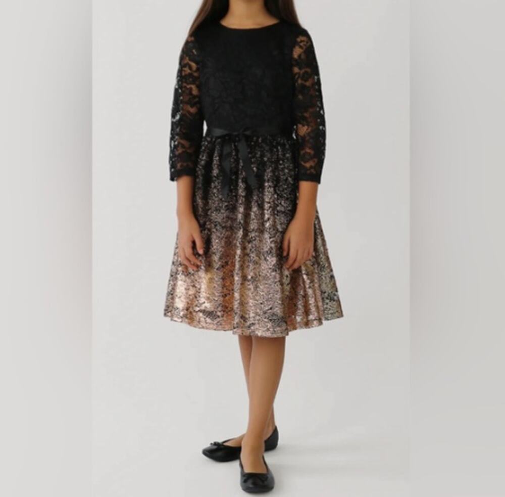 New BLUSH BY US ANGELS Girls Lace Gold Ombre Dress Size 10 Black/Gold